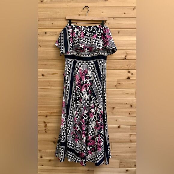 Eliza J Size 14 Floral Geometric Pattern Off The Shoulder Maxi Summer Dress - Picture 1 of 13